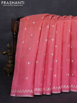 Peach Orange & Pink Ombre Kota Embroidery Saree - Printed Blouse