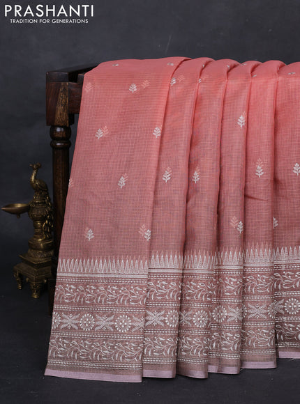 Peach Orange & Grey Ombre Kota Embroidery Saree - Printed Blouse