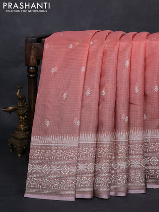 Peach Orange & Grey Ombre Kota Embroidery Saree - Printed Blouse