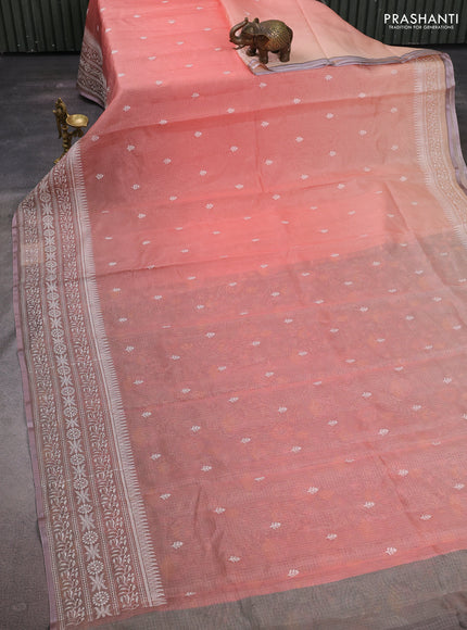 Peach Orange & Grey Ombre Kota Embroidery Saree - Printed Blouse