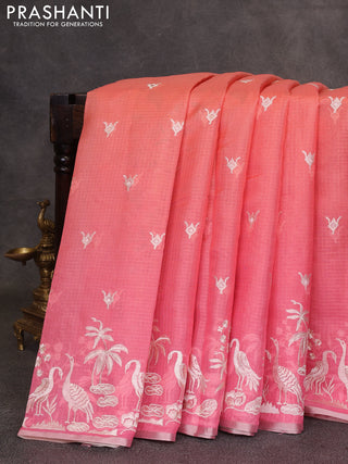 Peach & Pink Ombre Kota Embroidery Saree - Printed Blouse