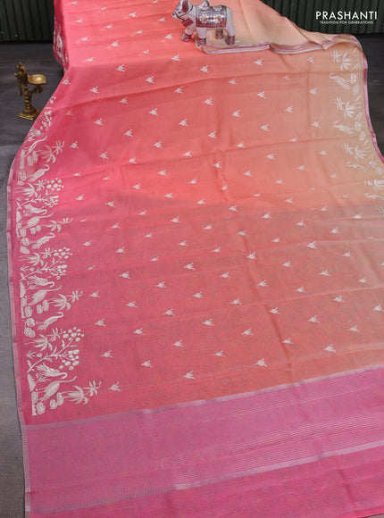 Peach & Pink Ombre Kota Embroidery Saree - Printed Blouse