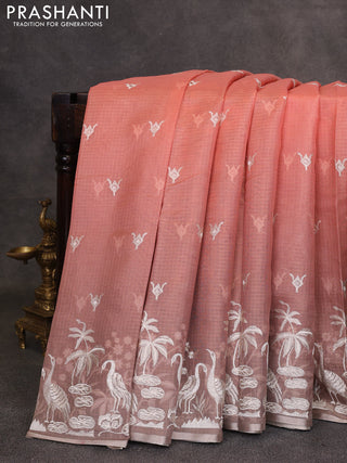 Peach & Grey Ombre Kota Embroidery Saree - Printed Blouse