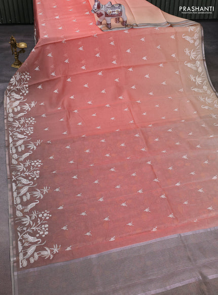 Peach & Grey Ombre Kota Embroidery Saree - Printed Blouse
