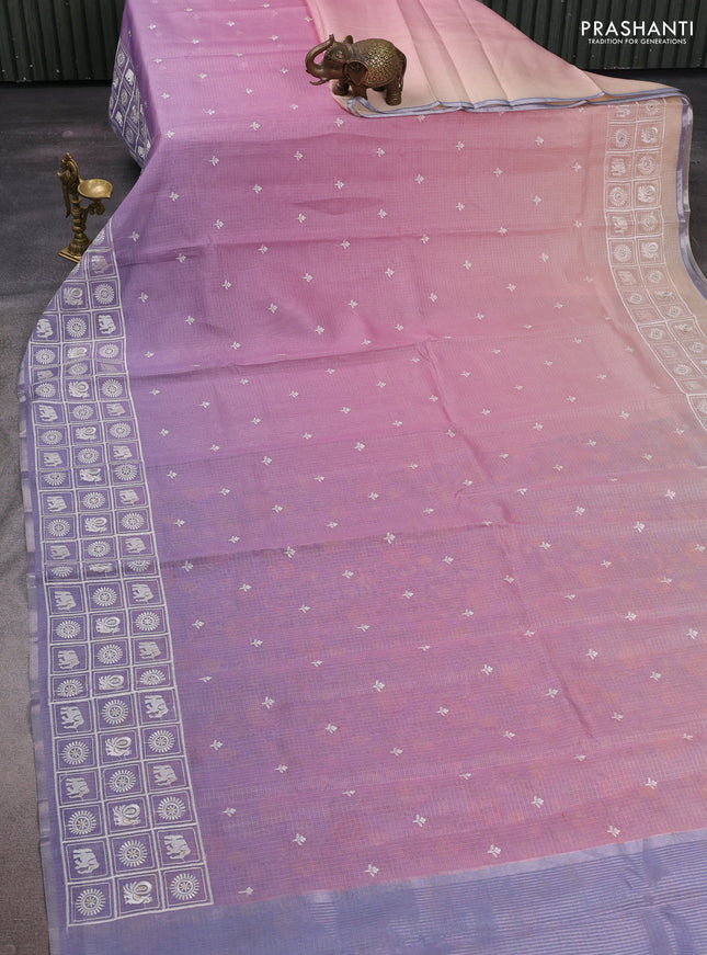 Pink & Lavender Ombre Kota Embroidery Saree - Printed Blouse