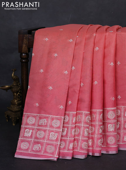 Peach Orange & Pink Ombre Kota Embroidery Saree - Printed Blouse