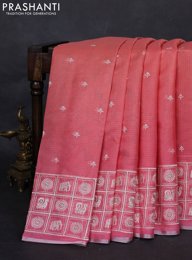 Peach Orange & Pink Ombre Kota Embroidery Saree - Printed Blouse