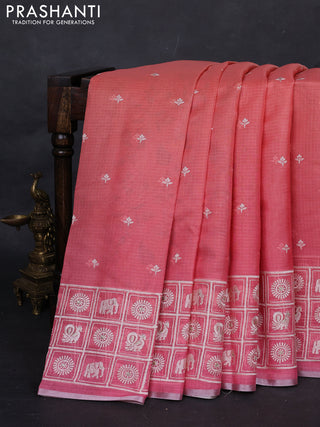 Peach Orange & Pink Ombre Kota Embroidery Saree - Printed Blouse