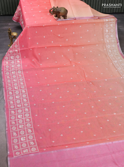 Peach Orange & Pink Ombre Kota Embroidery Saree - Printed Blouse