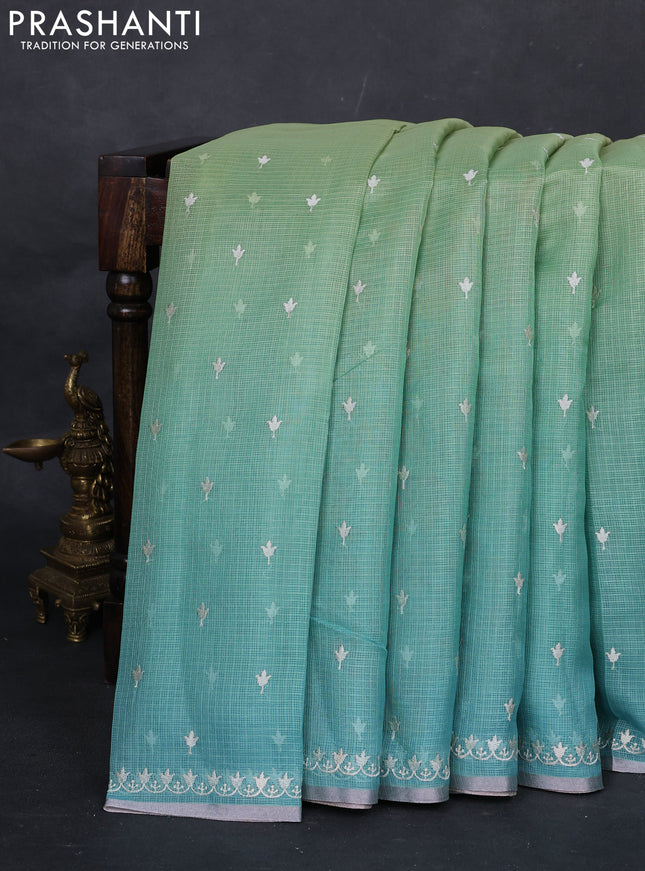 Pista Green & Teal Ombre Kota Embroidery Saree - Printed Blouse