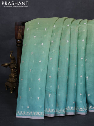 Pista Green & Teal Ombre Kota Embroidery Saree - Printed Blouse