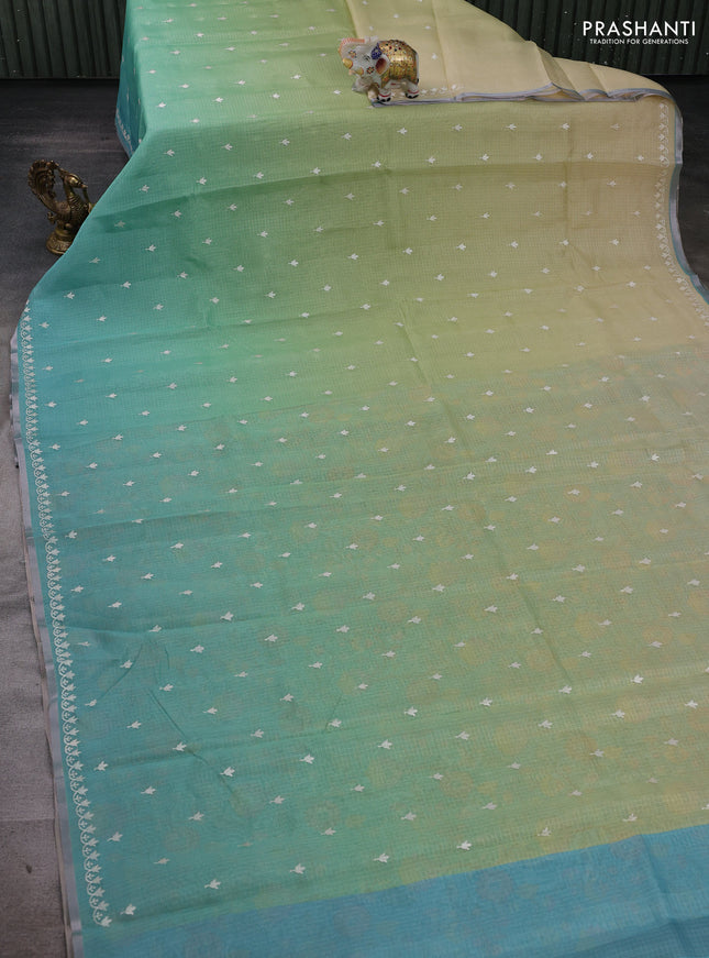 Pista Green & Teal Ombre Kota Embroidery Saree - Printed Blouse