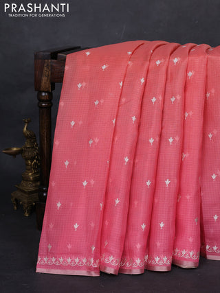 Peach & Pink Ombre Kota Embroidery Saree - Printed Blouse