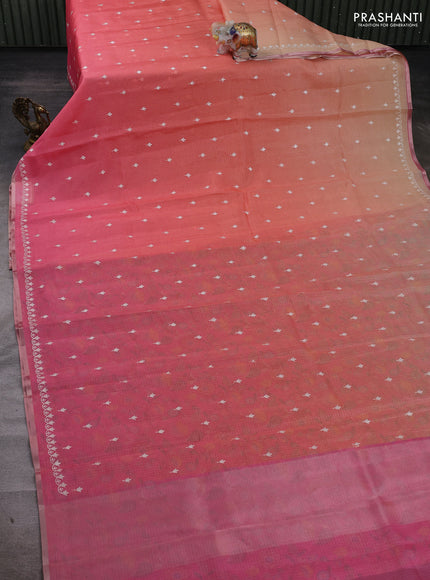 Peach & Pink Ombre Kota Embroidery Saree - Printed Blouse