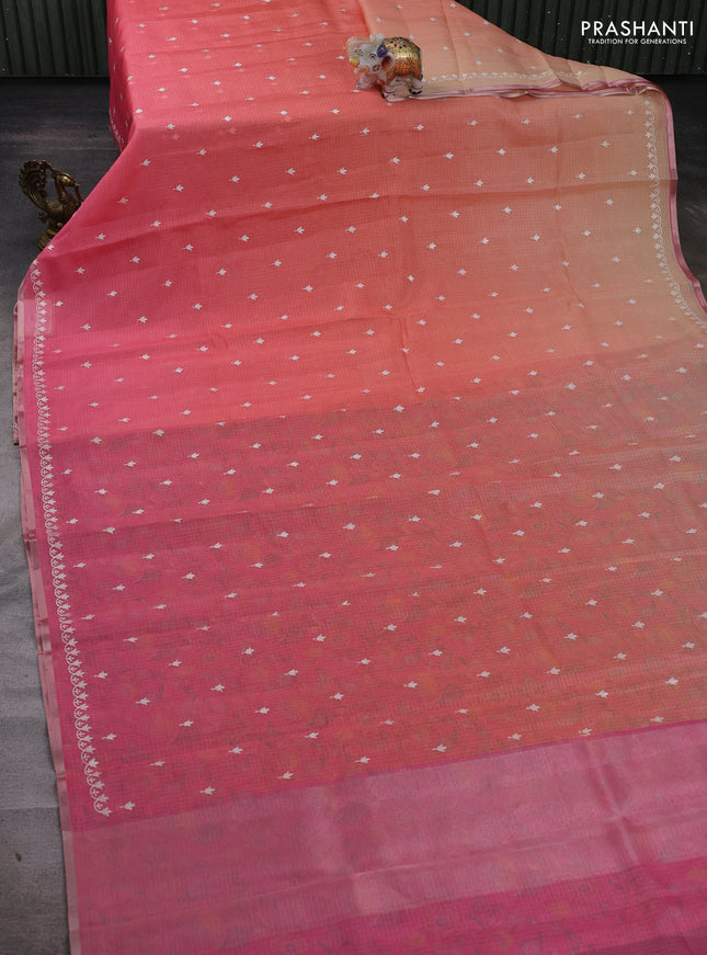 Peach & Pink Ombre Kota Embroidery Saree - Printed Blouse