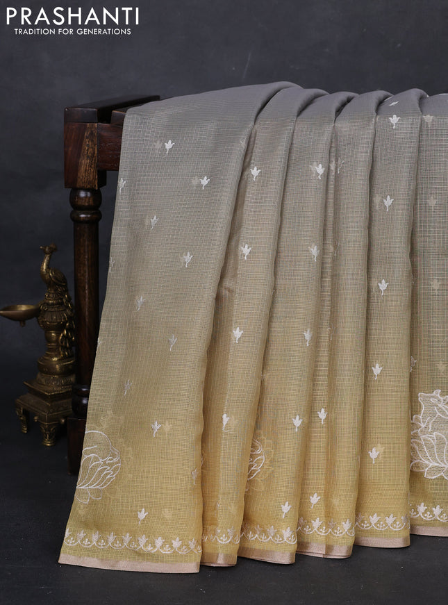 Grey Ombre Kota Embroidery Saree - Printed Blouse
