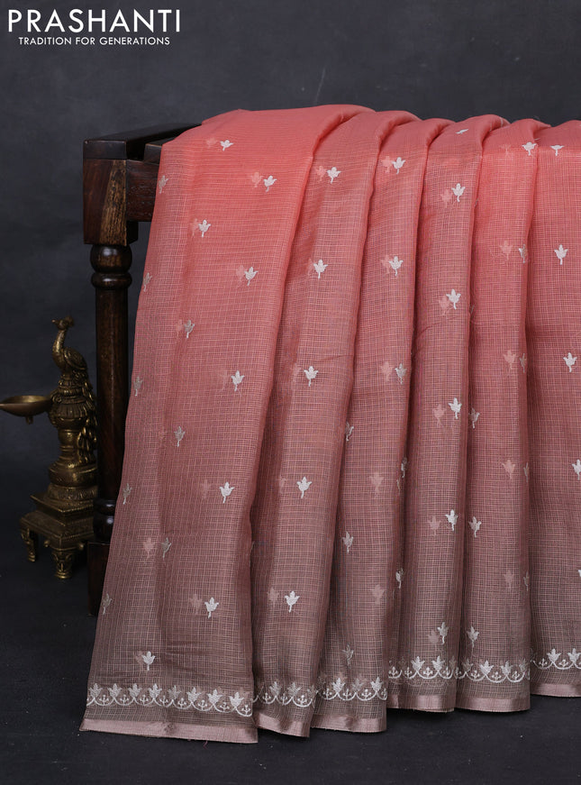 Peach Orange & Grey Ombre Kota Embroidery Saree - Printed Blouse