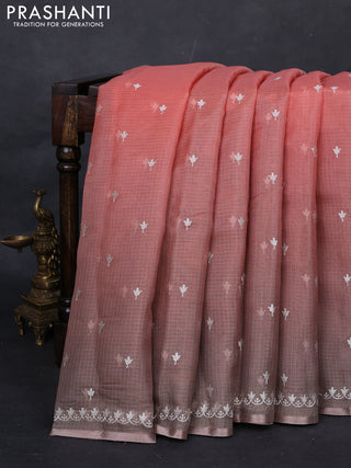 Peach Orange & Grey Ombre Kota Embroidery Saree - Printed Blouse