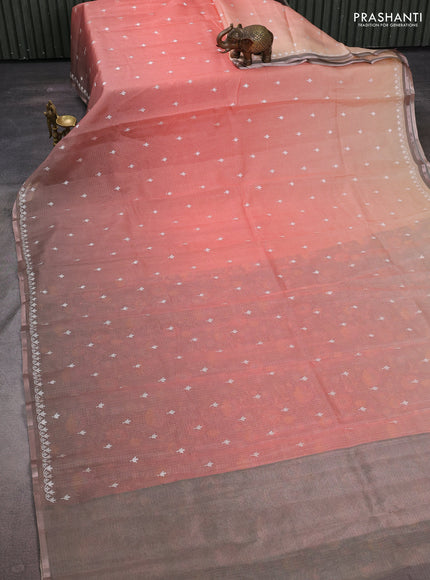Peach Orange & Grey Ombre Kota Embroidery Saree - Printed Blouse