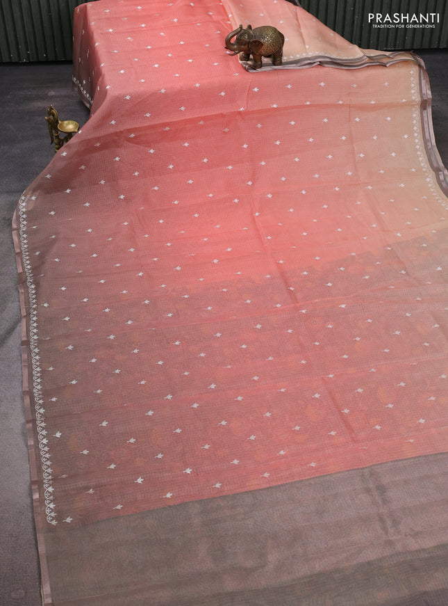 Peach Orange & Grey Ombre Kota Embroidery Saree - Printed Blouse