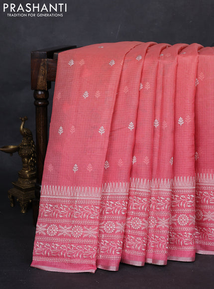Peach Orange & Pink Ombre Kota Embroidery Saree - Printed Blouse