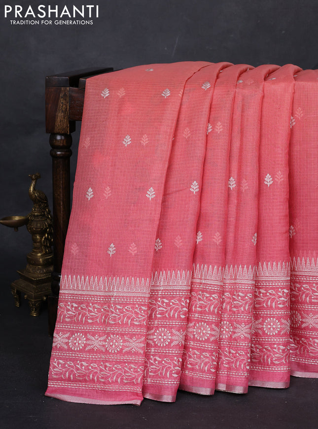 Peach Orange & Pink Ombre Kota Embroidery Saree - Printed Blouse