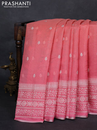 Peach Orange & Pink Ombre Kota Embroidery Saree - Printed Blouse