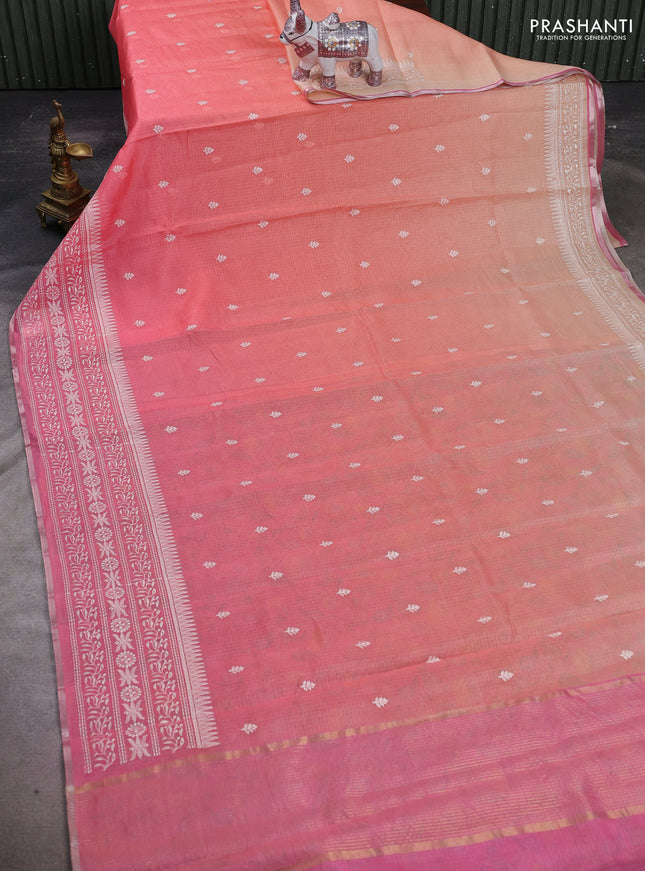 Peach Orange & Pink Ombre Kota Embroidery Saree - Printed Blouse