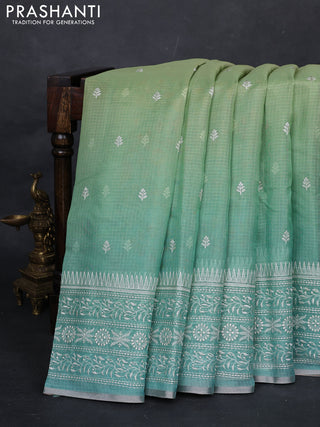 Pista Green & Teal Ombre Kota Embroidery Saree - Printed Blouse