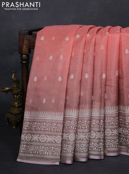 Peach Orange & Grey Ombre Kota Embroidery Saree - Printed Blouse