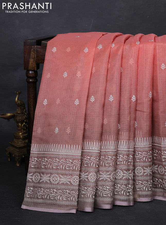 Peach Orange & Grey Ombre Kota Embroidery Saree - Printed Blouse
