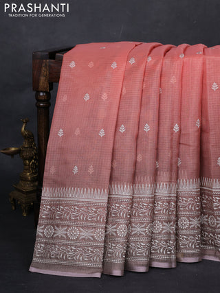 Peach Orange & Grey Ombre Kota Embroidery Saree - Printed Blouse