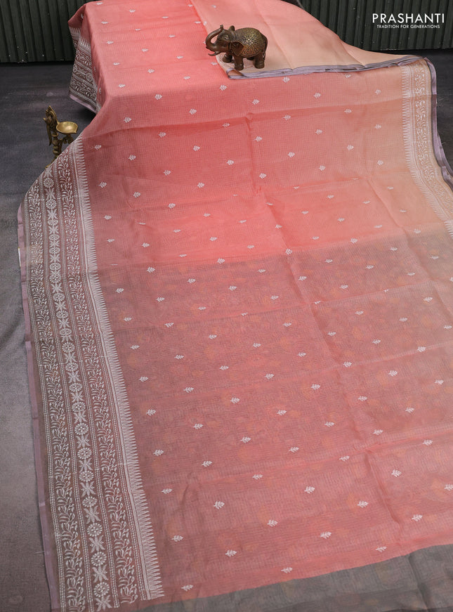 Peach Orange & Grey Ombre Kota Embroidery Saree - Printed Blouse