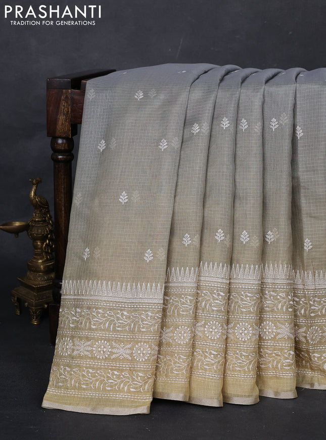 Grey Ombre Kota Embroidery Saree - Printed Blouse