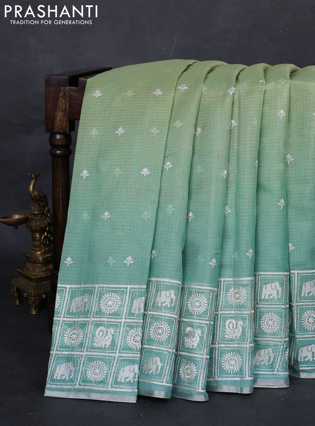 Pista Green & Teal Ombre Kota Embroidery Saree - Printed Blouse