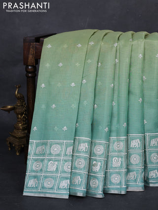 Pista Green & Teal Ombre Kota Embroidery Saree - Printed Blouse