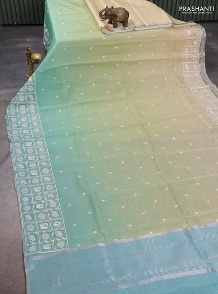 Pista Green & Teal Ombre Kota Embroidery Saree - Printed Blouse