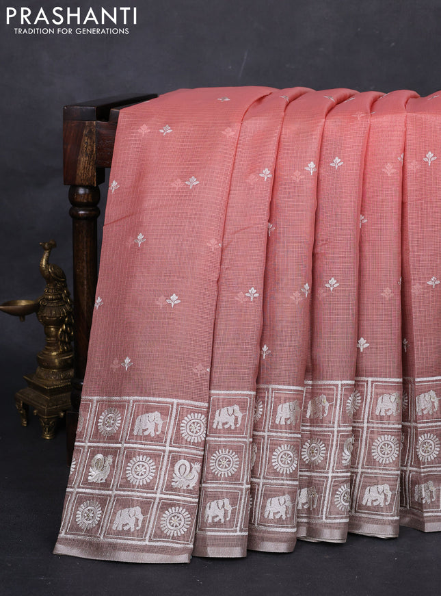 Peach Orange & Grey Ombre Kota Embroidery Saree - Printed Blouse