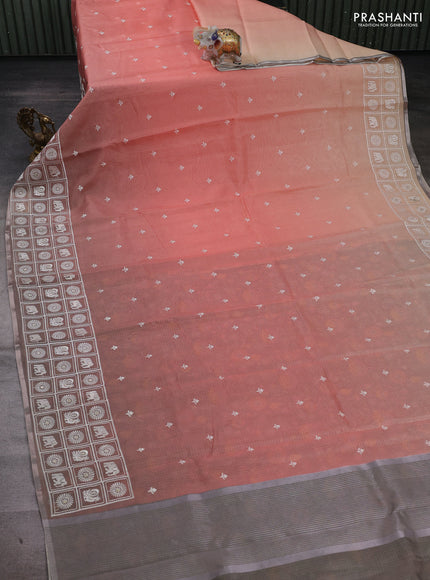Peach Orange & Grey Ombre Kota Embroidery Saree - Printed Blouse