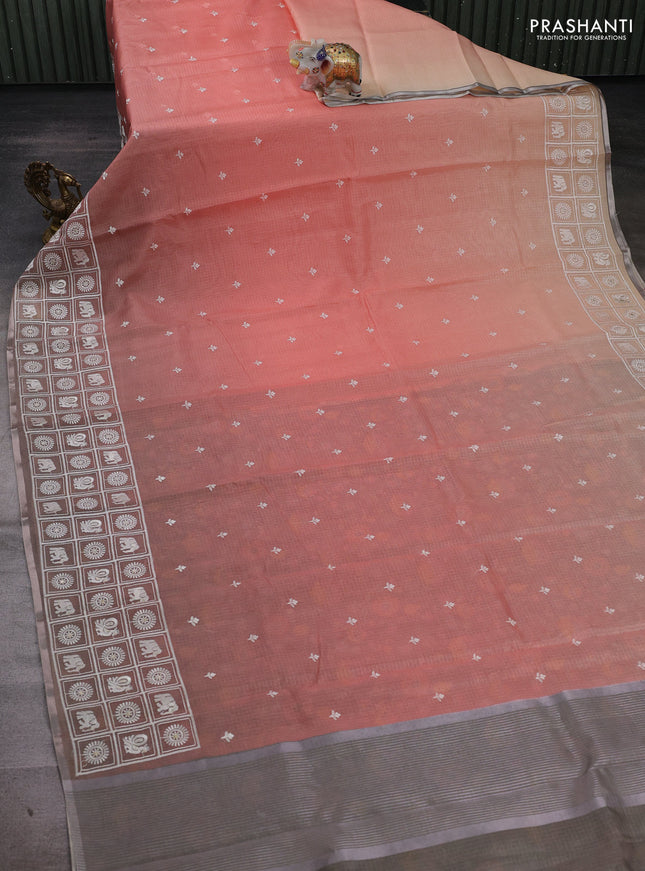 Peach Orange & Grey Ombre Kota Embroidery Saree - Printed Blouse