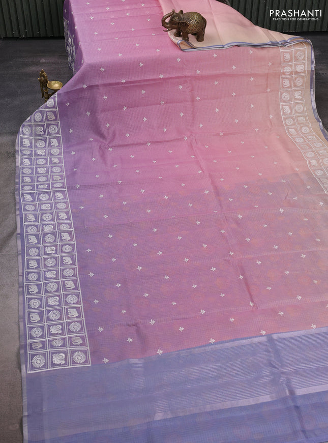 Baby Pink & Lavender Ombre Kota Embroidery Saree - Printed Blouse
