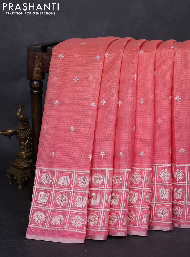Peach Orange & Pink Ombre Kota Embroidery Saree - Printed Blouse