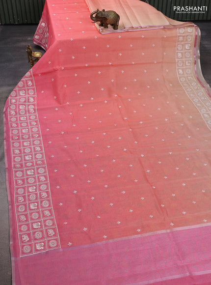 Peach Orange & Pink Ombre Kota Embroidery Saree - Printed Blouse
