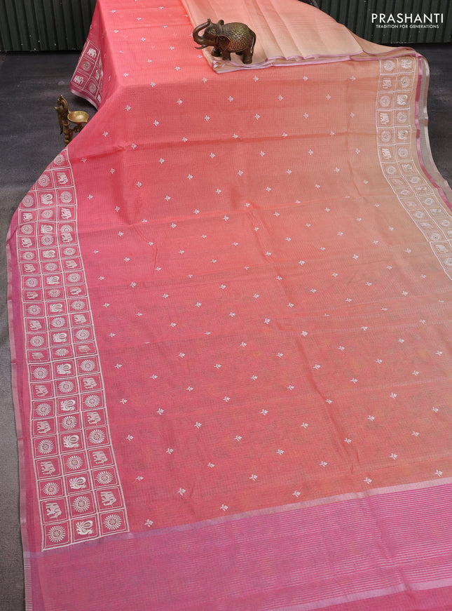 Peach Orange & Pink Ombre Kota Embroidery Saree - Printed Blouse