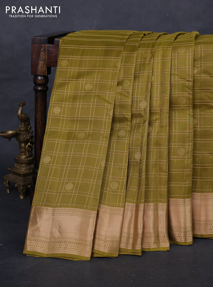 Mehendi Green & Pink Kanchipuram Silk - Checks