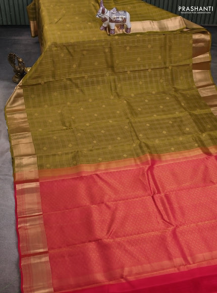 Mehendi Green & Pink Kanchipuram Silk - Checks