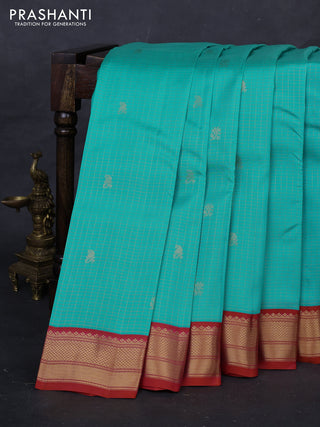 Blue & Orange Kanchipuram Silk - Checks