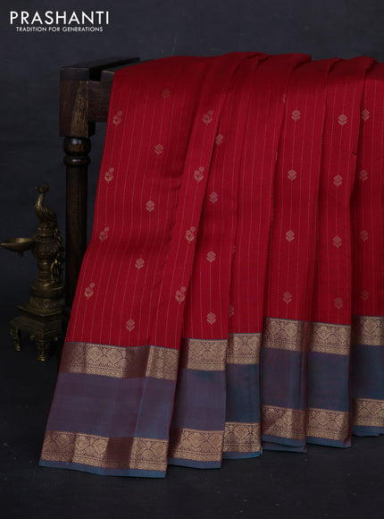 Red & Teal Green Kanchipuram Silk - Stripes
