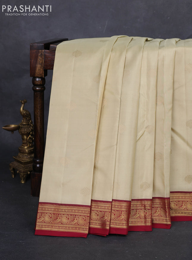 Beige & Maroon Pure Kanchipuram Silk-Butta