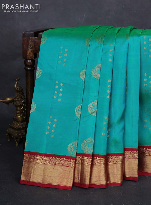 Teal Green & Maroon Pure Kanchipuram Silk-Butta